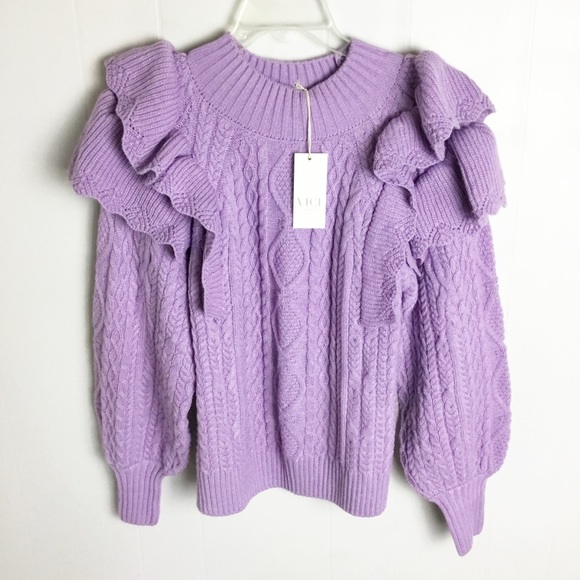 Vici Ruffle Shoulder Cable Knit Sweater In Lilac. Size M. - Picture 2 of 7